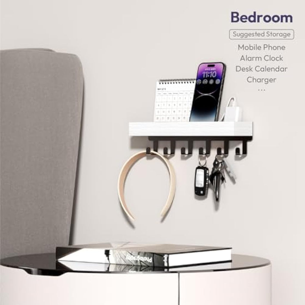 Wall Mounted Key Holder with Wood Tray and 6 Hooks