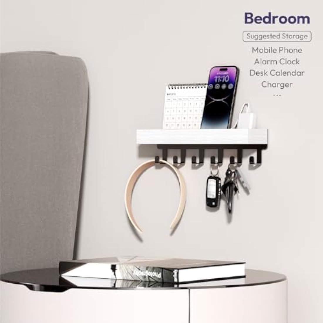 Wall Mounted Key Holder with Wood Tray and 6 Hooks