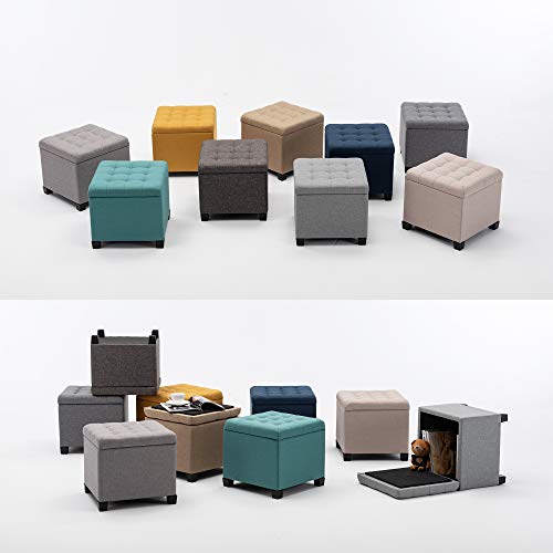 HNNHOME Linen Storage Ottoman Footstool – 45cm Cube Wooden Toy Chest