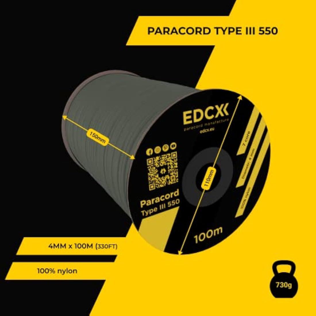 EDCX 550 Paracord – 4mm 7-Strand Nylon Rope for Camping and DIY