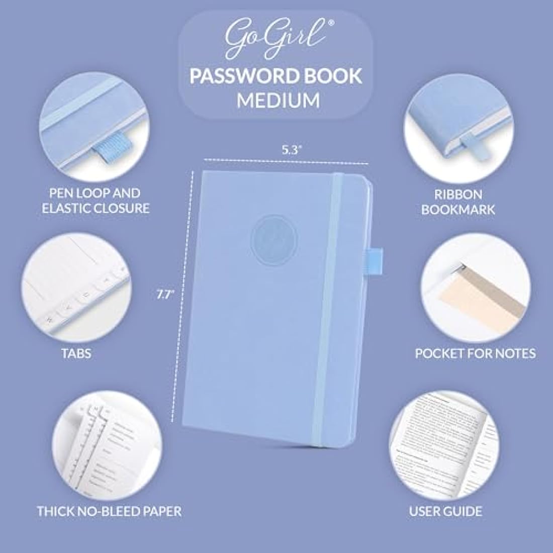 GoGirl Password Book with Tabs – Internet Address & Login Logbook, Light Blue