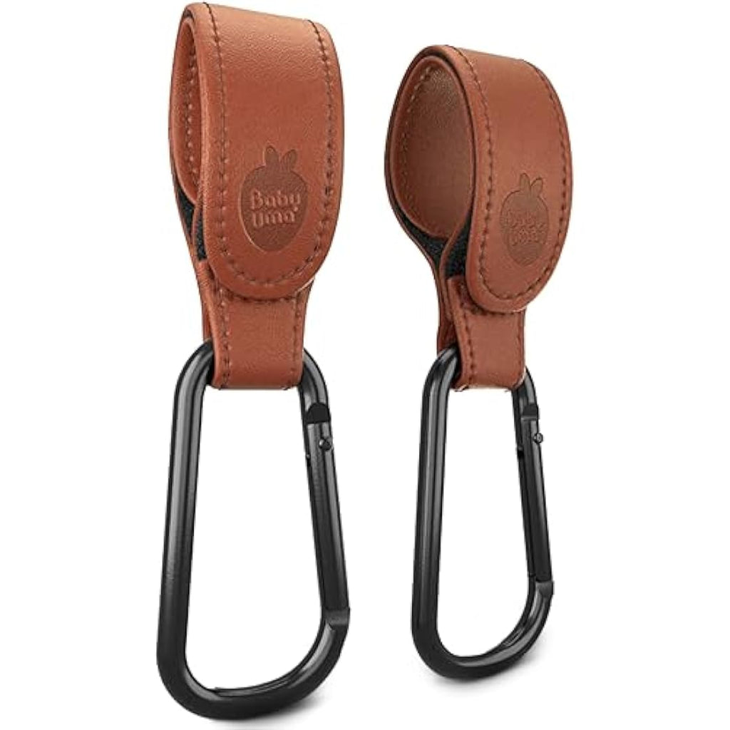 Baby Uma Faux Leather Buggy Clips – Universal Pram Hooks (2 Pack) Camel