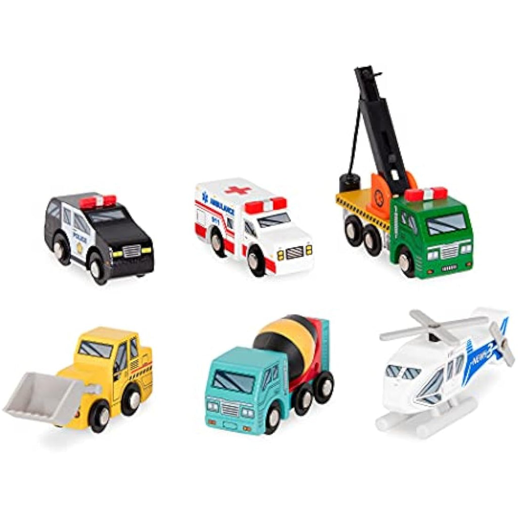Battat Wooden Toy Vehicles - 6 Piece Rescue & Construction Set for Kids