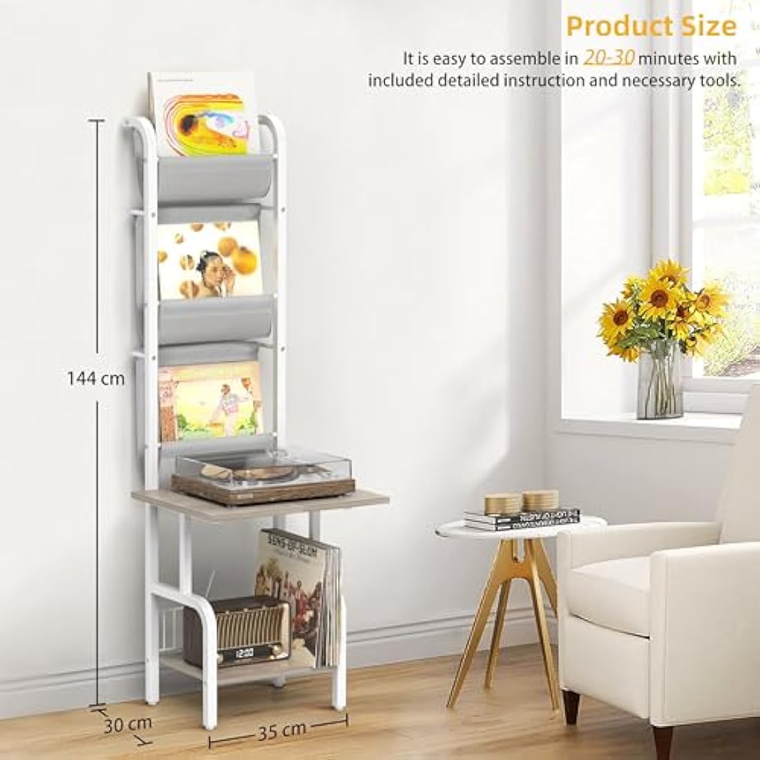 Bikoney Vinyl Record Storage Stand | 200 Album Turntable Cabinet - White