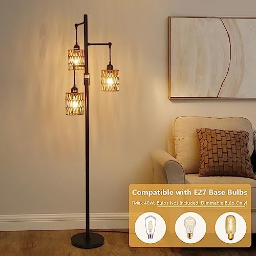 Rayofly Rattan Floor Lamp | Dimmable 3-Light Boho Standing Lamp for Living Room
