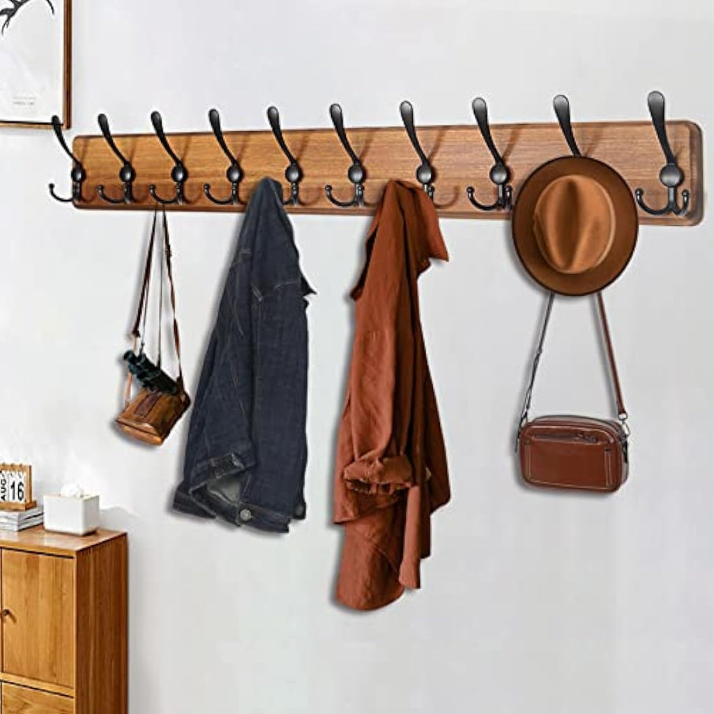 WEBI 98cm Solid Wood Wall Mounted Coat Rack with 10 Triple Hooks