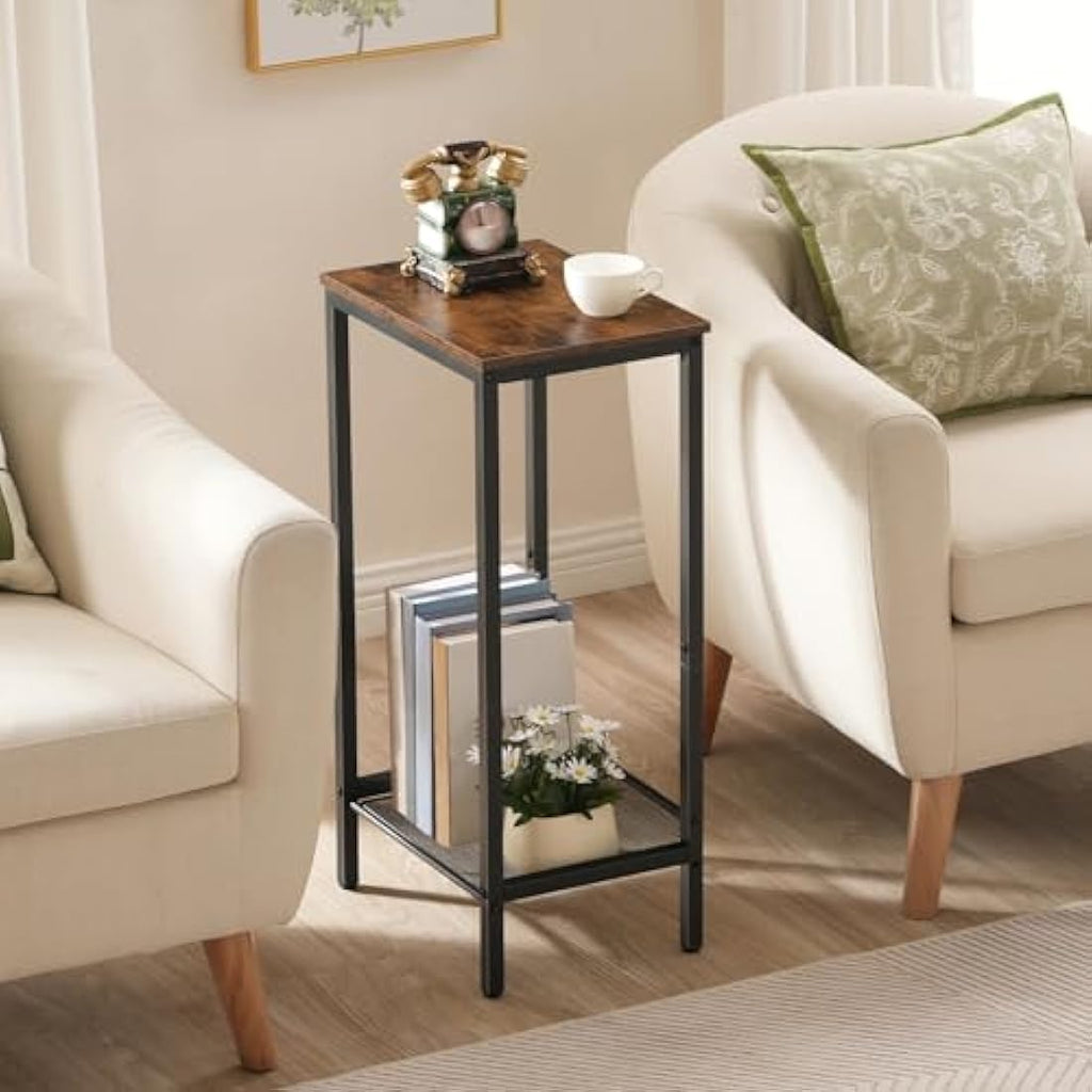HOOBRO Tall Side Table – Industrial Narrow Nightstand with Mesh Shelf