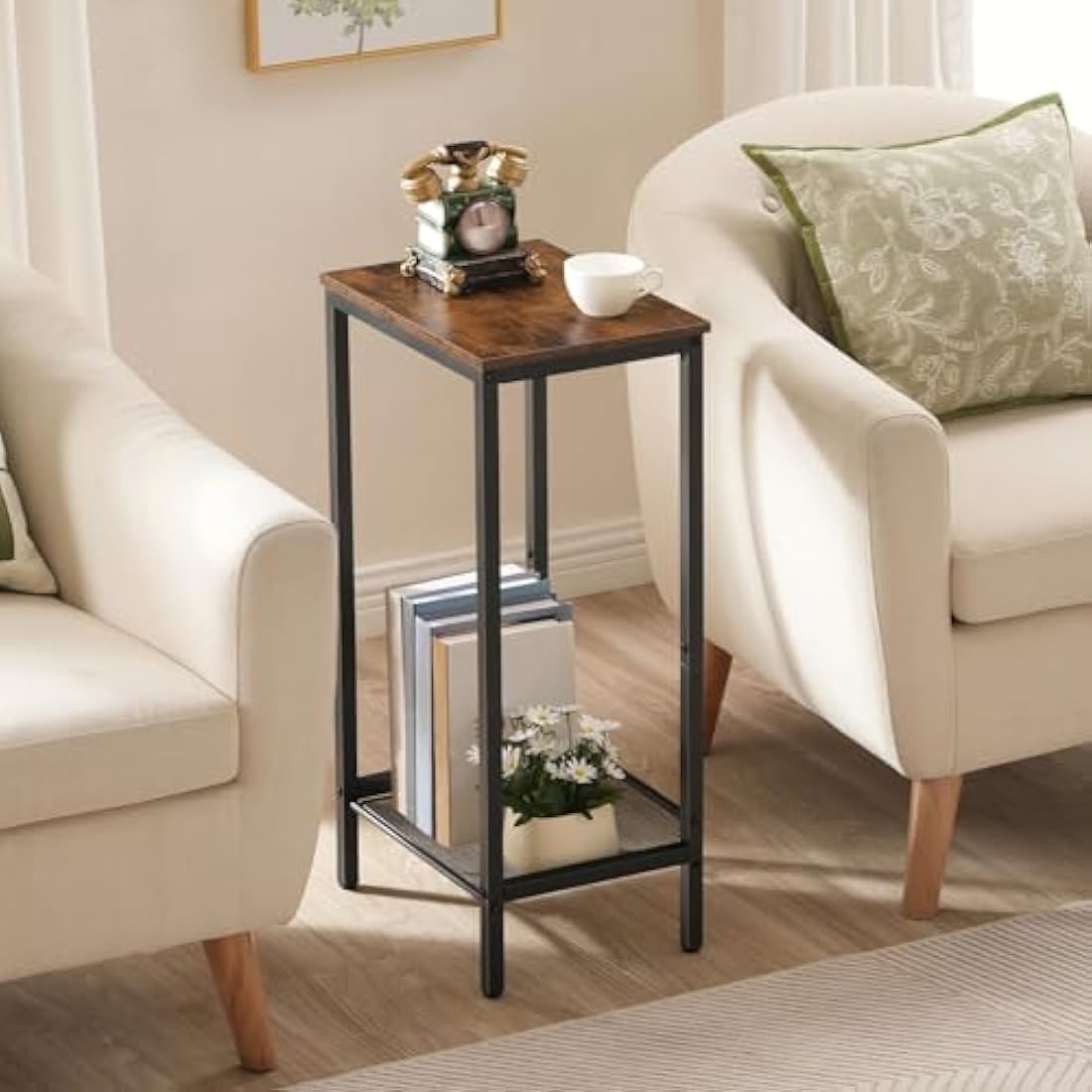 HOOBRO Tall Side Table – Industrial Narrow Nightstand with Mesh Shelf