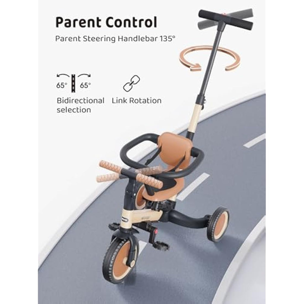 newyoo 5-in-1 Toddler Tricycle with Parent Handle - Khaki TR008