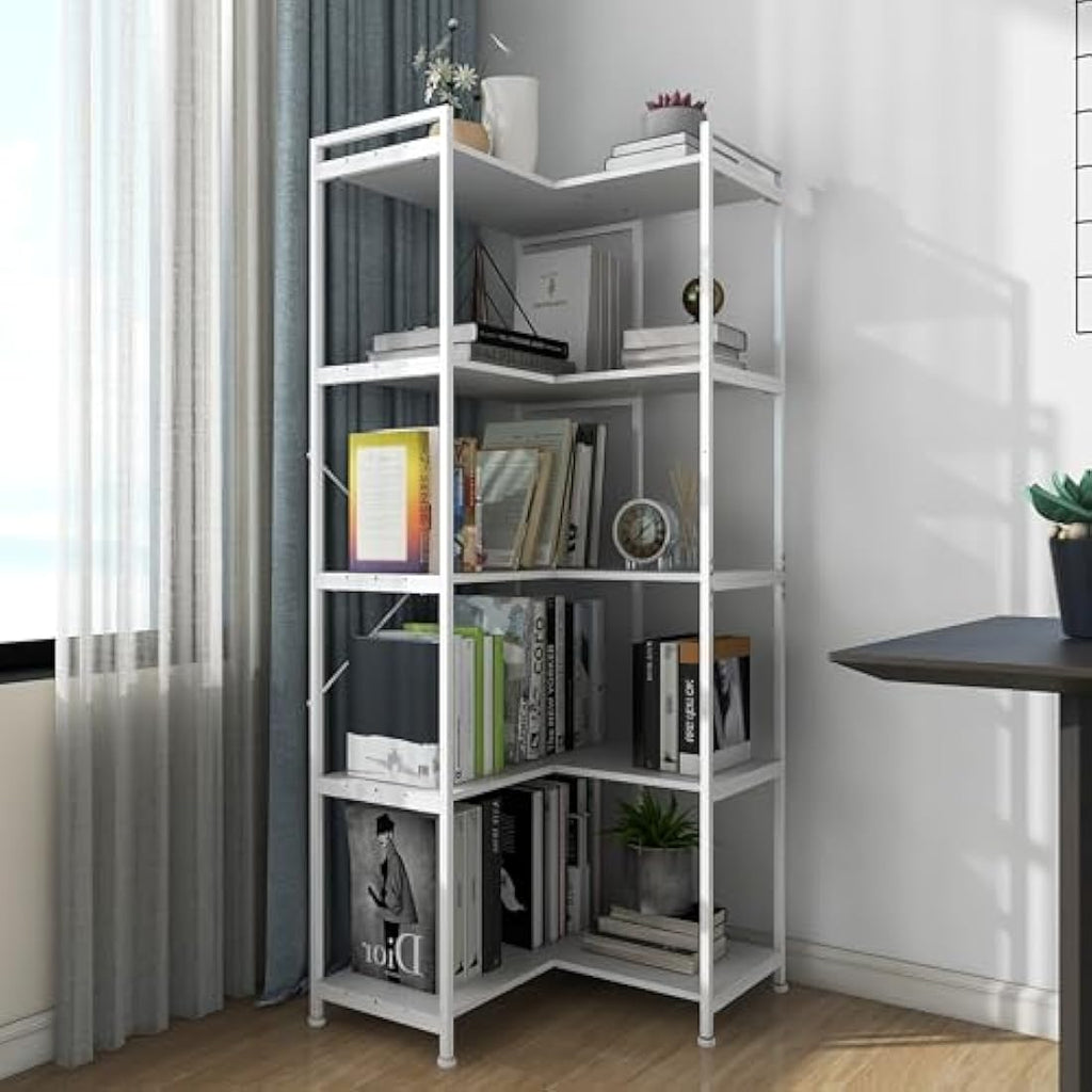 VEDECASA 5-Tier Corner Bookshelf – L-Shaped Industrial Display Rack, White