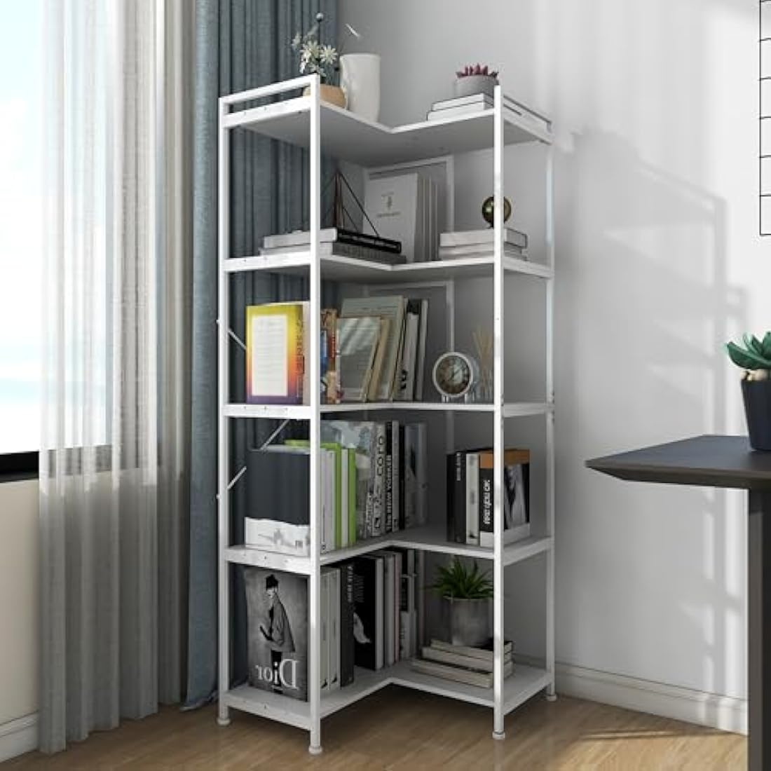 VEDECASA 5-Tier Corner Bookshelf – L-Shaped Industrial Display Rack, White