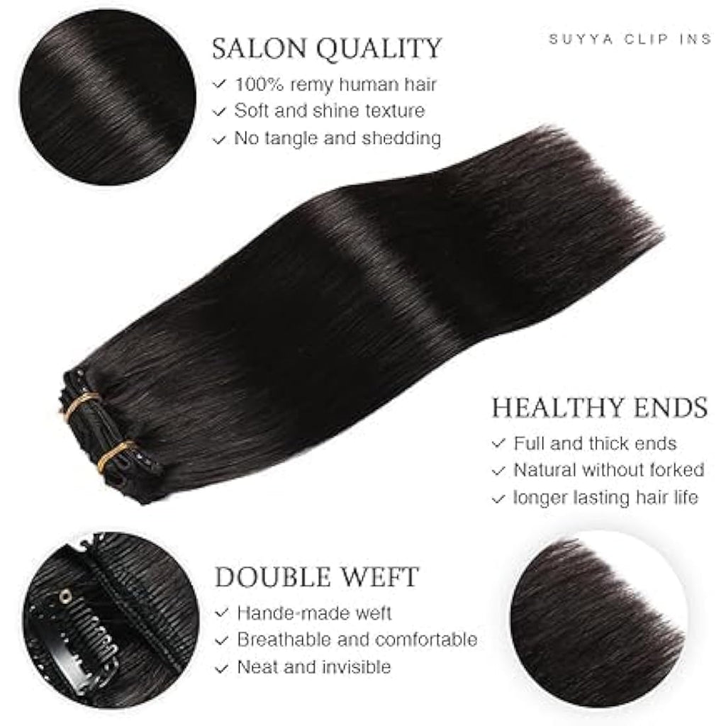 Suyya Clip in Human Hair Extensions | 12 Inch Remy Straight #1B Black