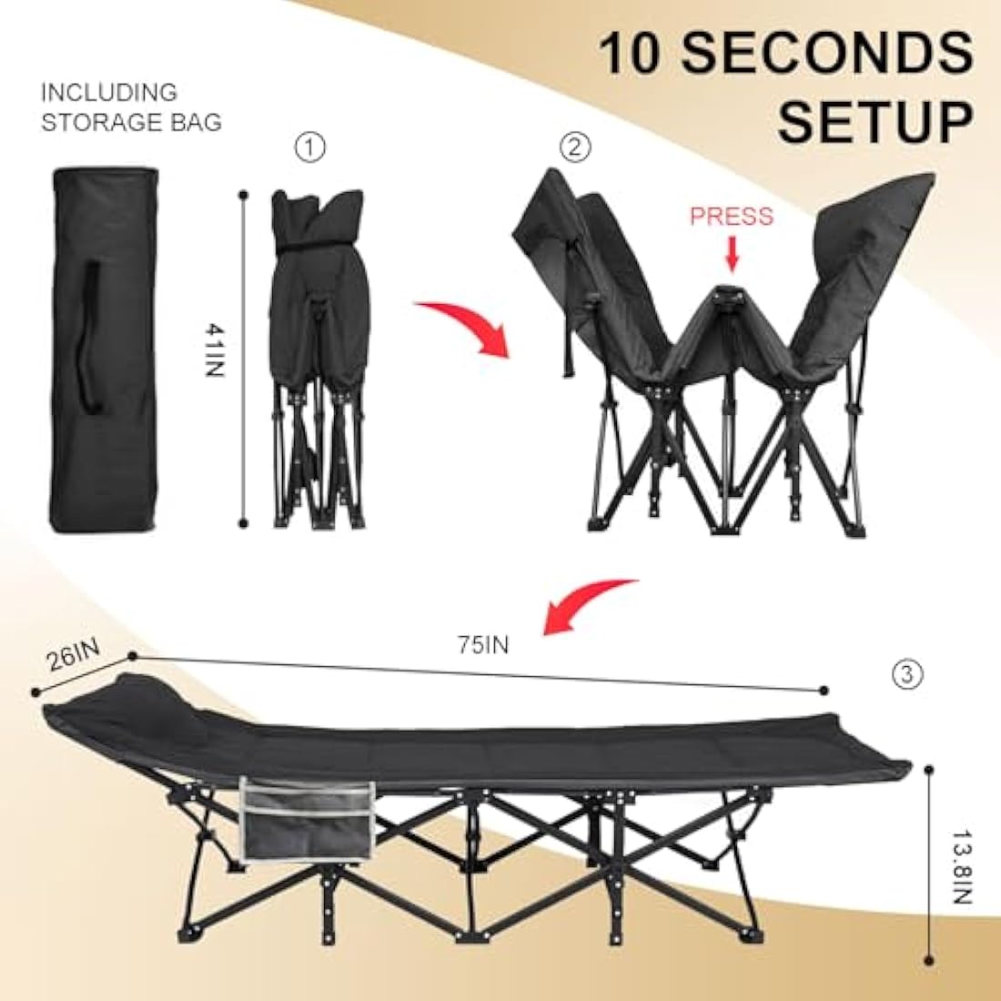 Heavy-Duty Camping Cot with Cushion and Pillow – Black