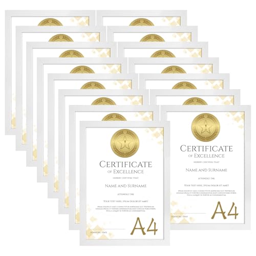 HORLIMER A4 Picture Frames Pack of 15 | White MDF Wood Certificate Frame