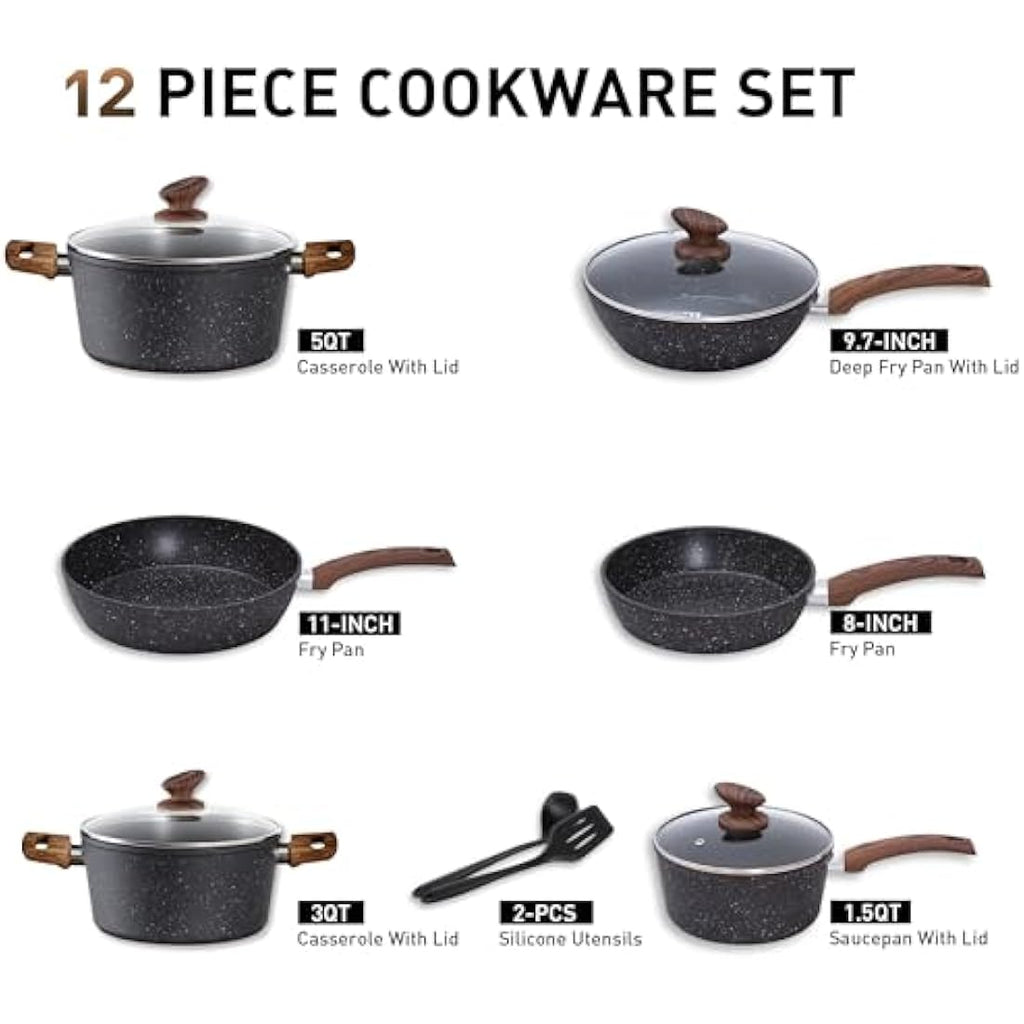 Jolof Store 12-Piece Nonstick Granite Cookware Set - Induction Black