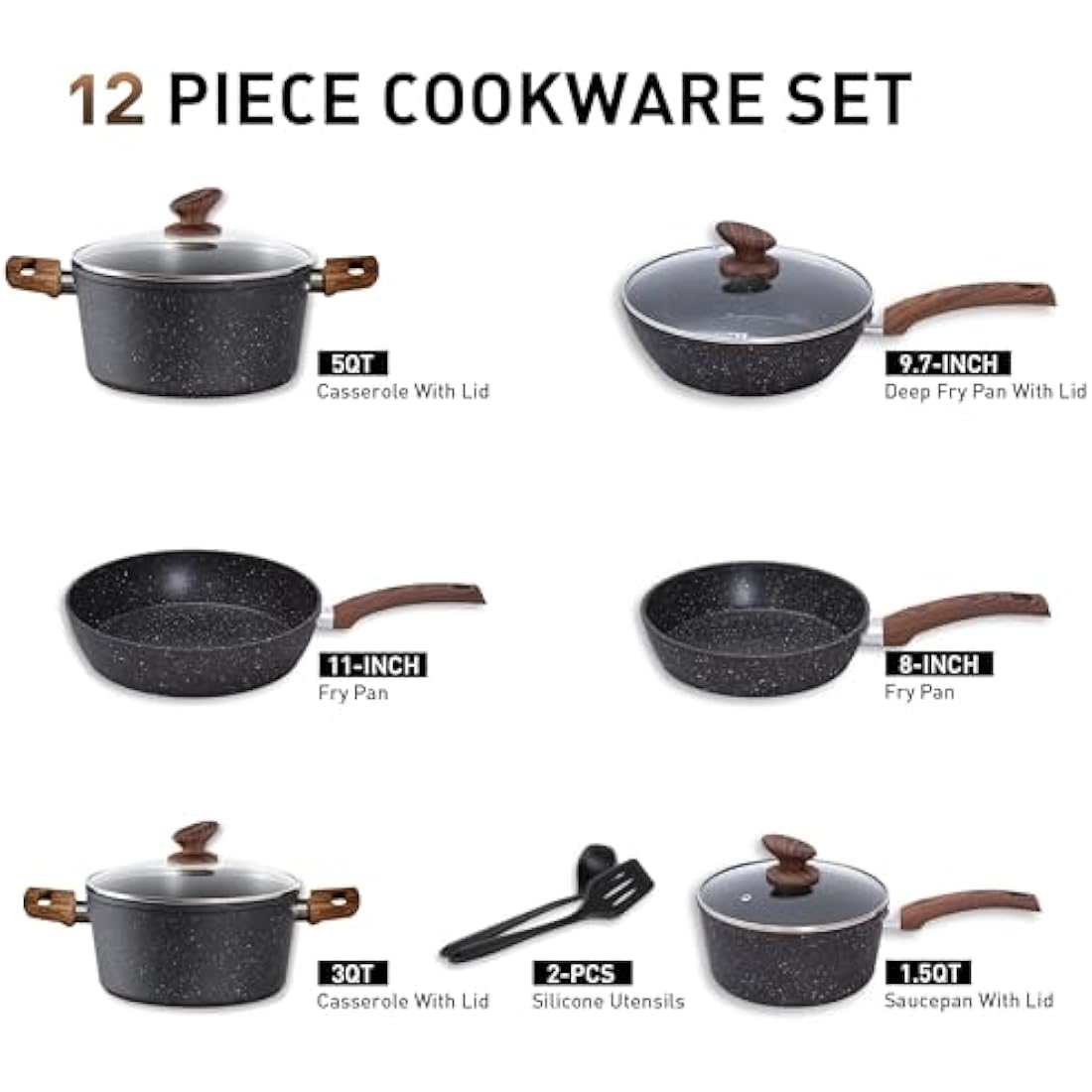 Jolof Store 12-Piece Nonstick Granite Cookware Set - Induction Black