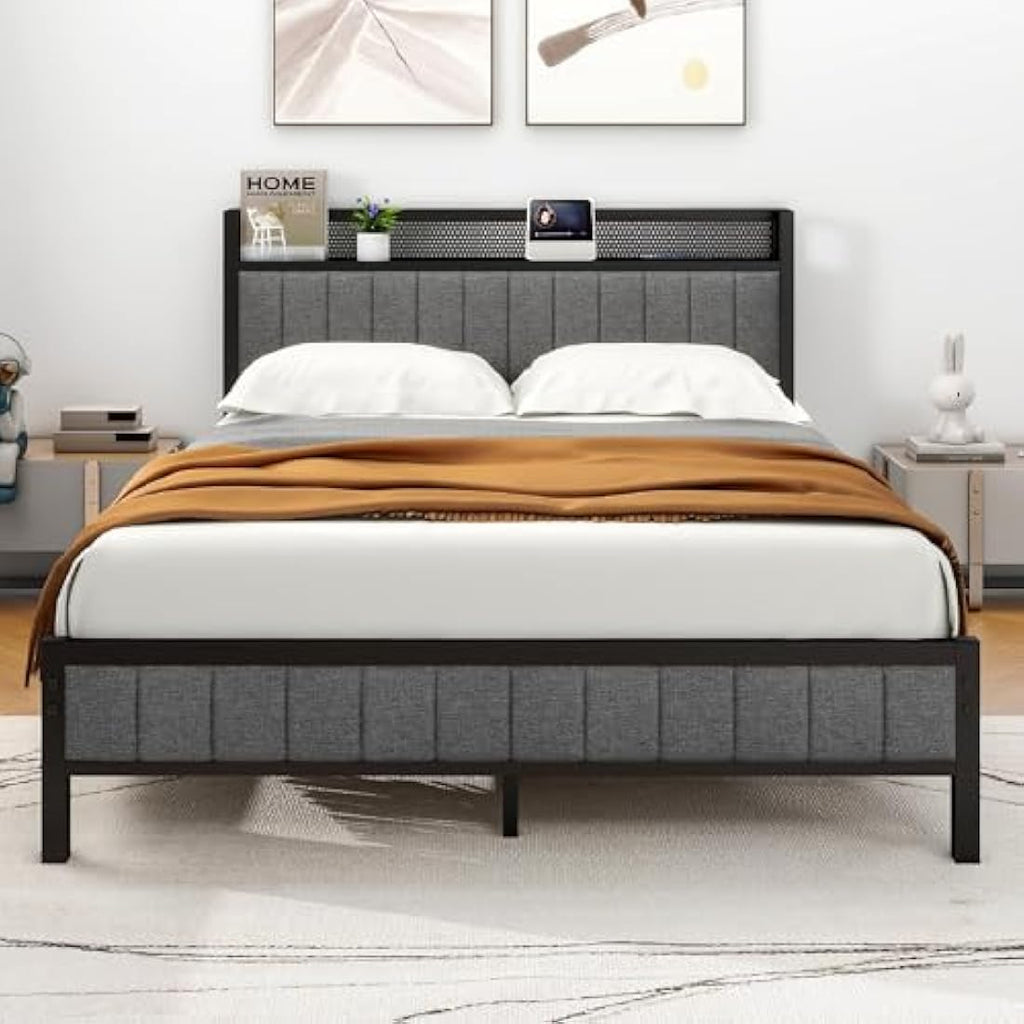 MOFLUT King Size Upholstered Bed Frame with Storage Headboard – Gray