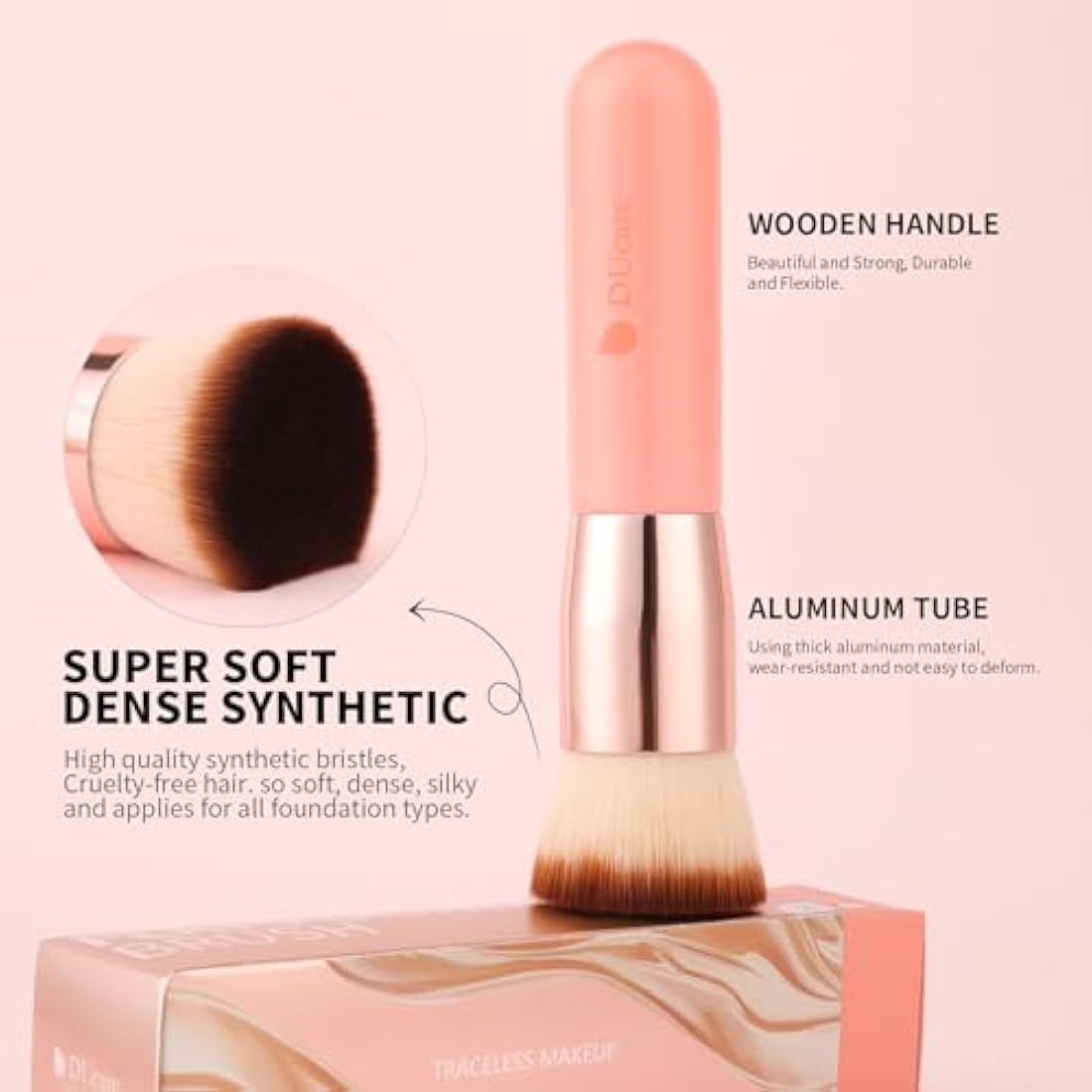 DUcare Flat Top Kabuki Foundation Brush - Synthetic Makeup Tool (Rose)
