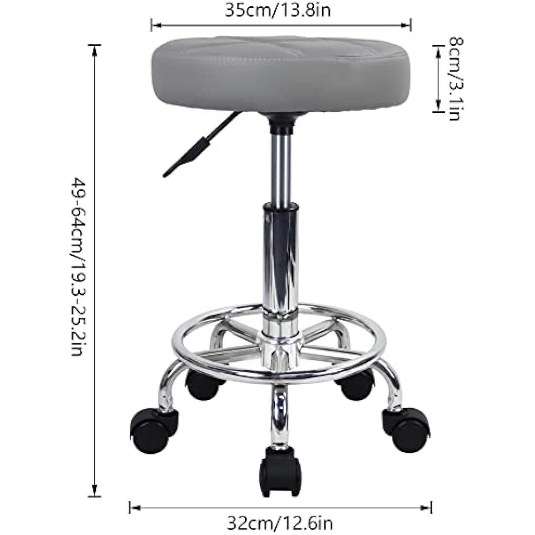 KKTONER Round Rolling Stool - Gray PU Leather Adjustable Swivel Chair