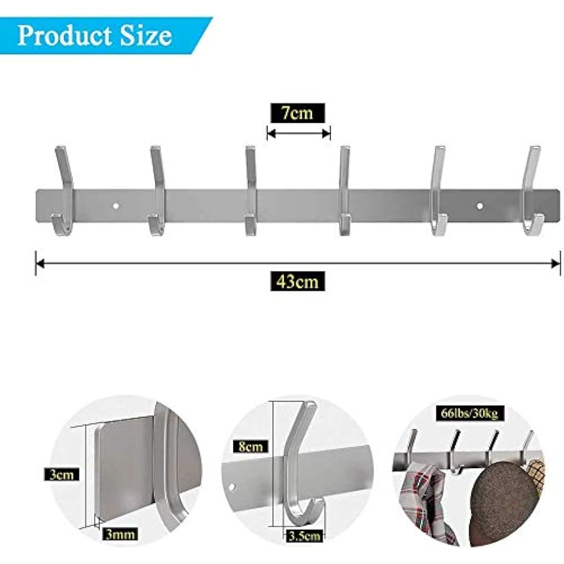 Dripex 304 Stainless Steel Wall Mounted Coat Hook Rack - 6 Hooks, 2 Pack