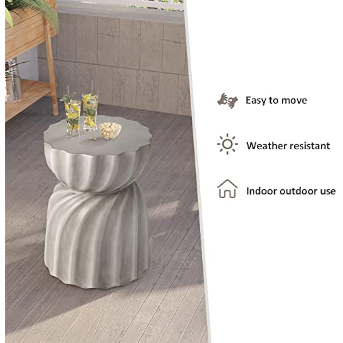 HOMPUS Concrete Garden Stool – Round Petal Outdoor Side Table, Natural Grey