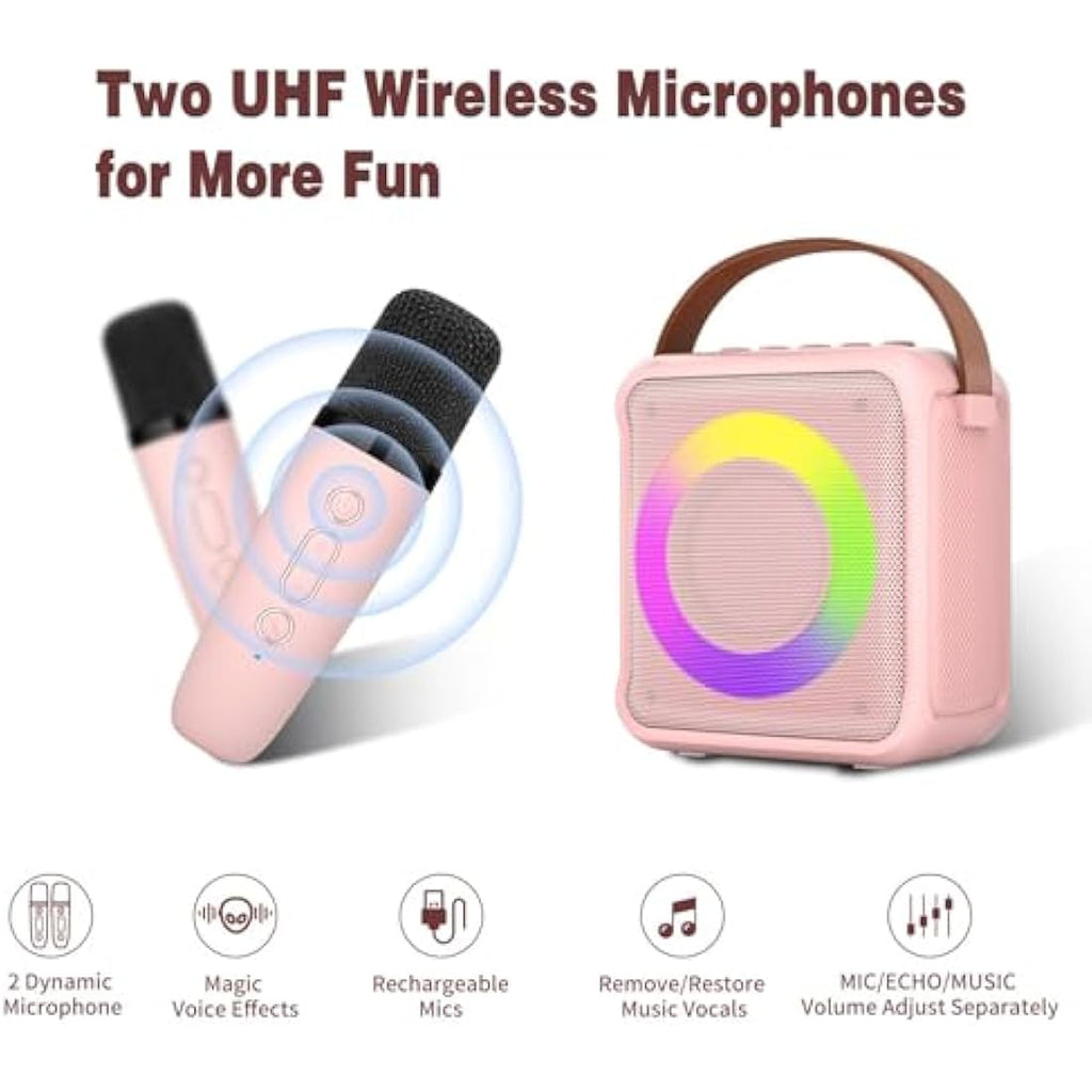 Ankuka Portable Karaoke Machine with 2 Wireless Mics & LED Lights - Pink