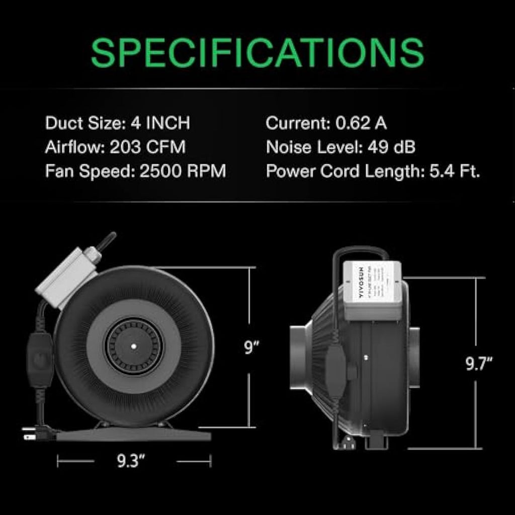 VIVOSUN 100mm Inline Duct Fan - 203 CFM Quiet Blower with Speed Control