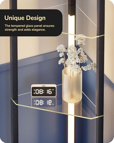 EDISHINE LED Floor Lamp with 4-Tier Glass Shelves | Dimmable Wood Light