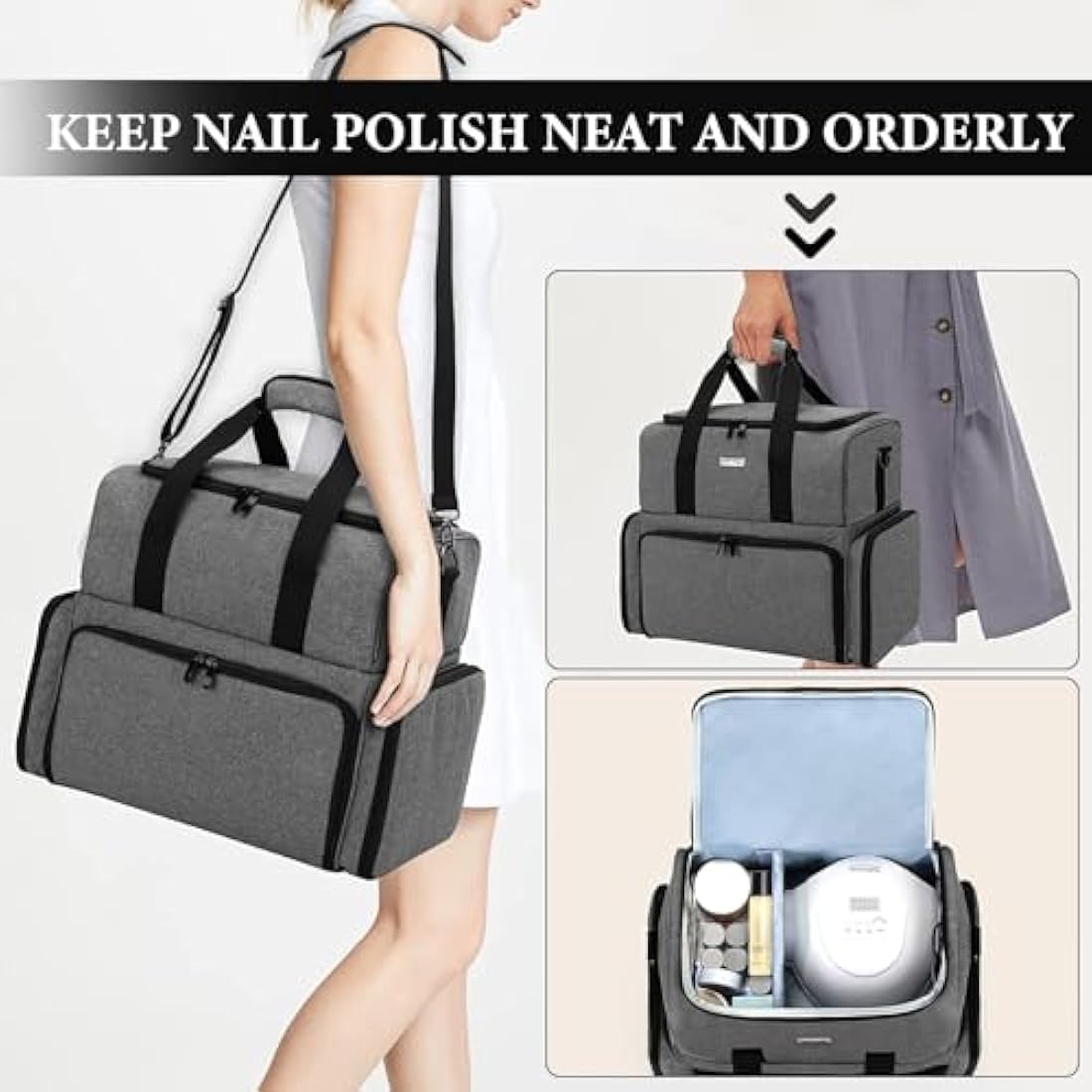 Nail Polish Organiser Bag - Holds 80 Bottles & UV Lamp, Grey