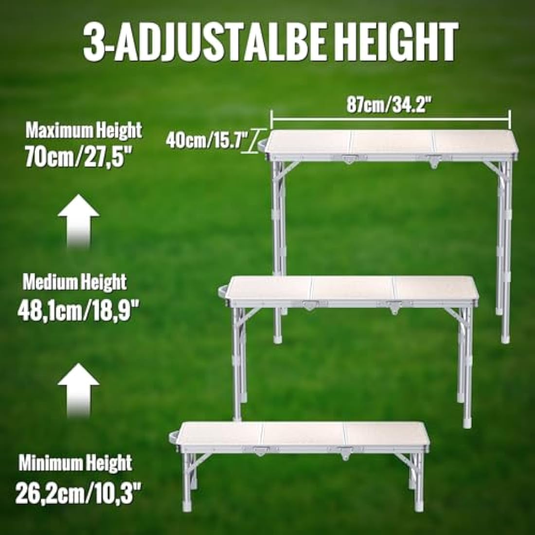 GARLLEN Folding Camping Table | 3-Height Adjustable Aluminum Picnic Table