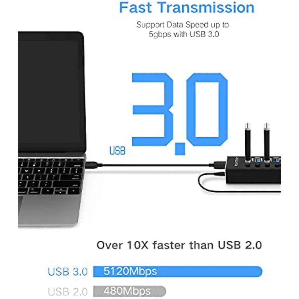 RSHTECH 10-Port Powered USB 3.0 Hub | Aluminum Data Hub with 12V Adapter