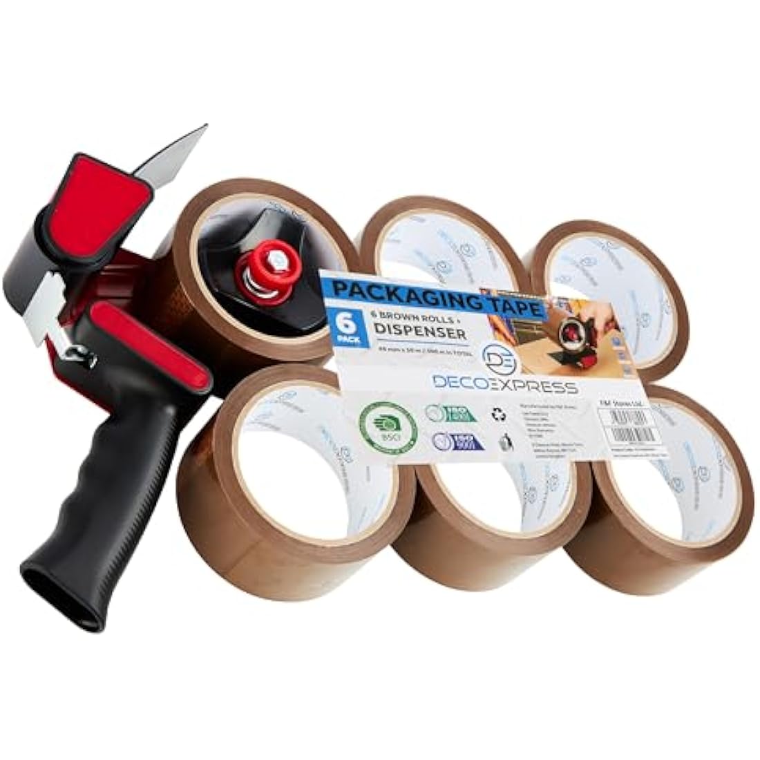 Deco Express Packing Tape Dispenser Gun with 6 Rolls Brown Parcel Tape