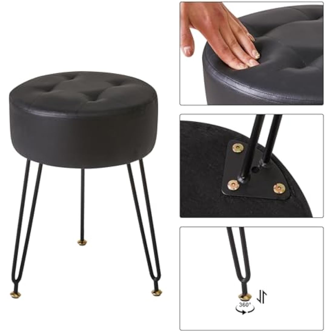 IBUYKE Faux Leather Round Vanity Stool – Modern Footrest with Gold Legs