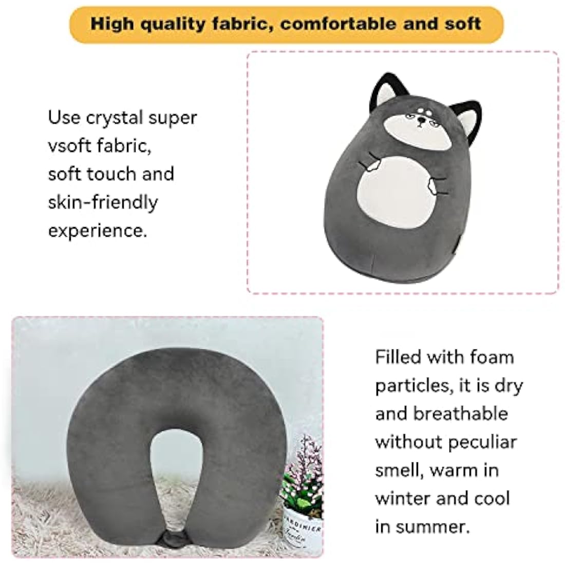 JOYRAVO Kids 2-in-1 Convertible Neck Pillow – Plush Husky Travel Pillow