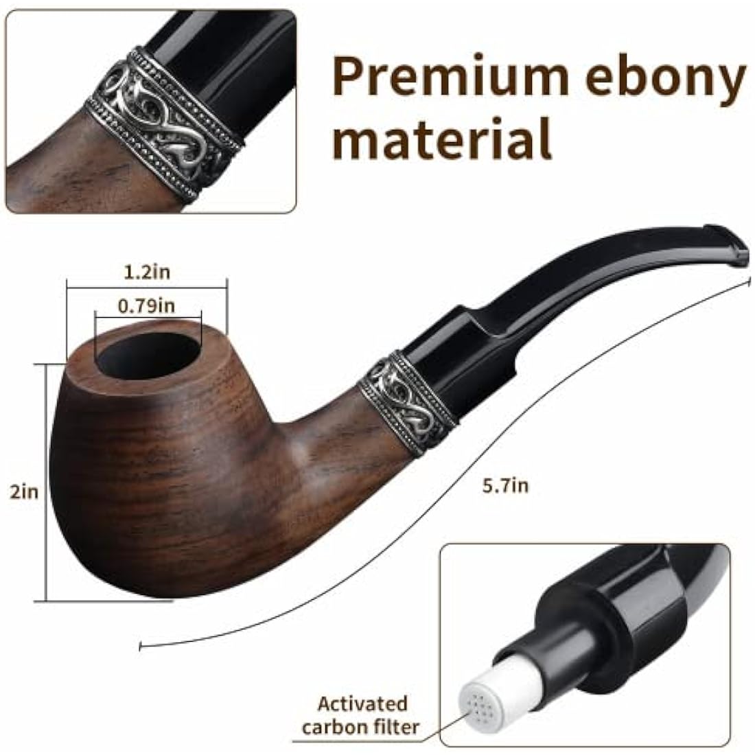 Joyoldelf Ebony Tobacco Smoking Pipe Set with Stand and 9mm Filters