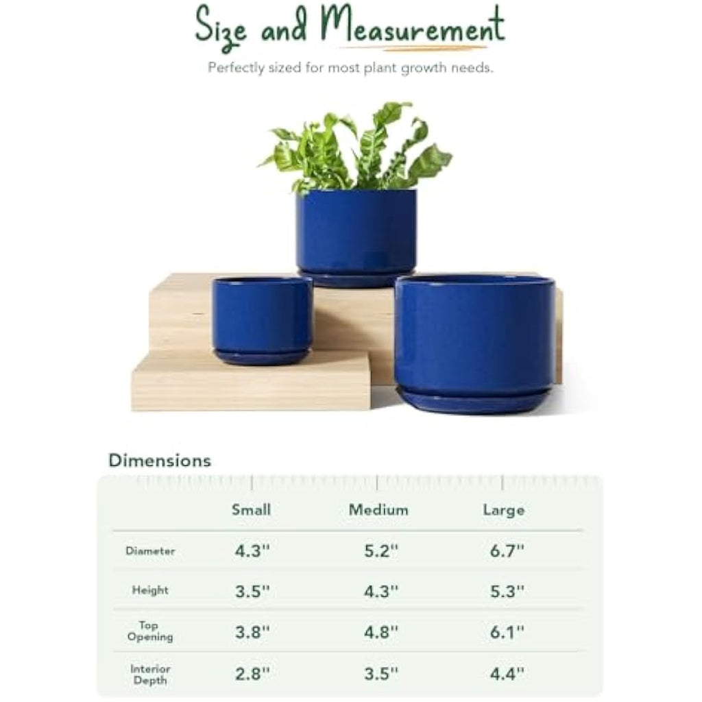 LE TAUCI Ceramic Planters - Set of 3 Indoor Flower Pots, Sapphire Blue