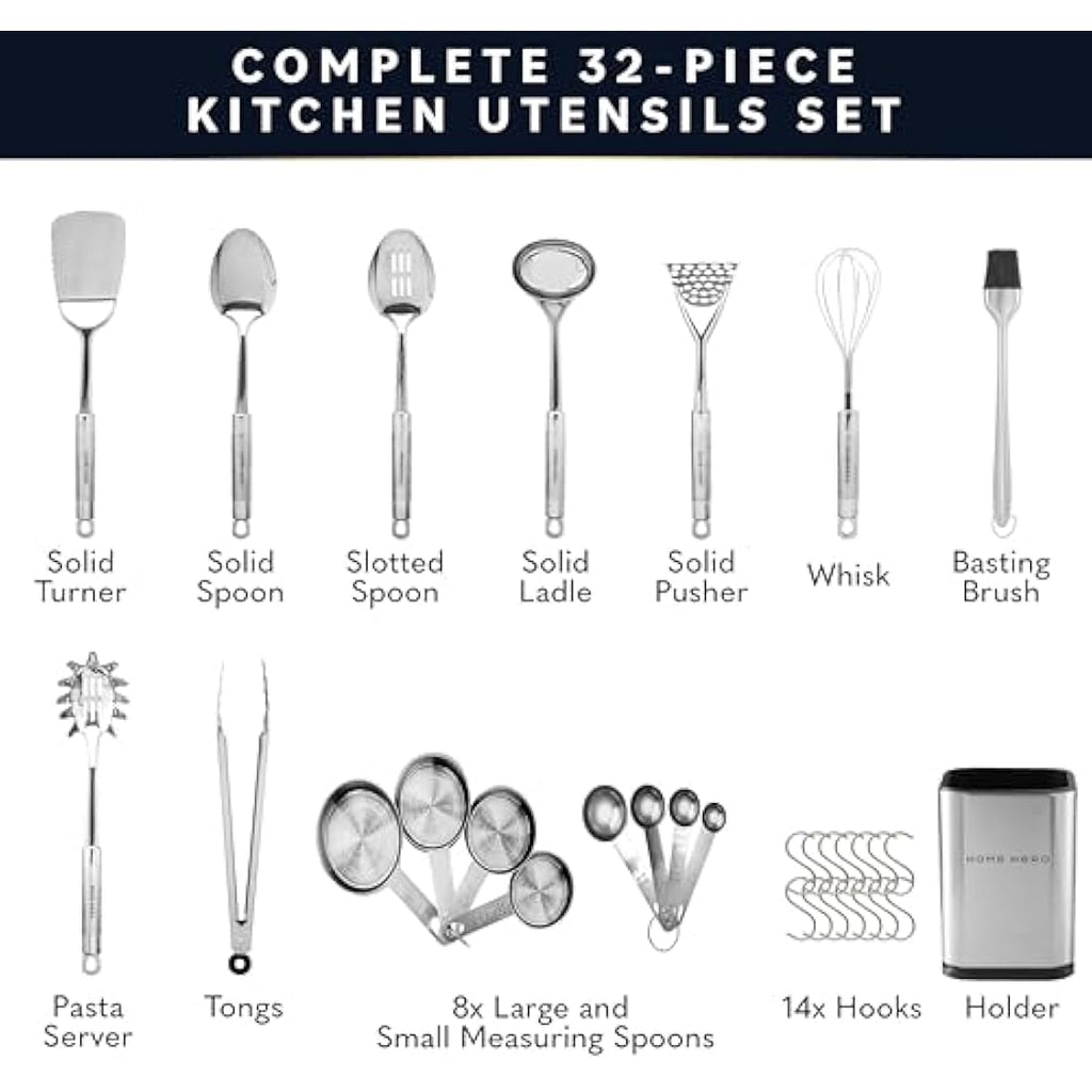 HomeHero 32-Piece Kitchen Utensils Set – Stainless Steel & Silicone Tools