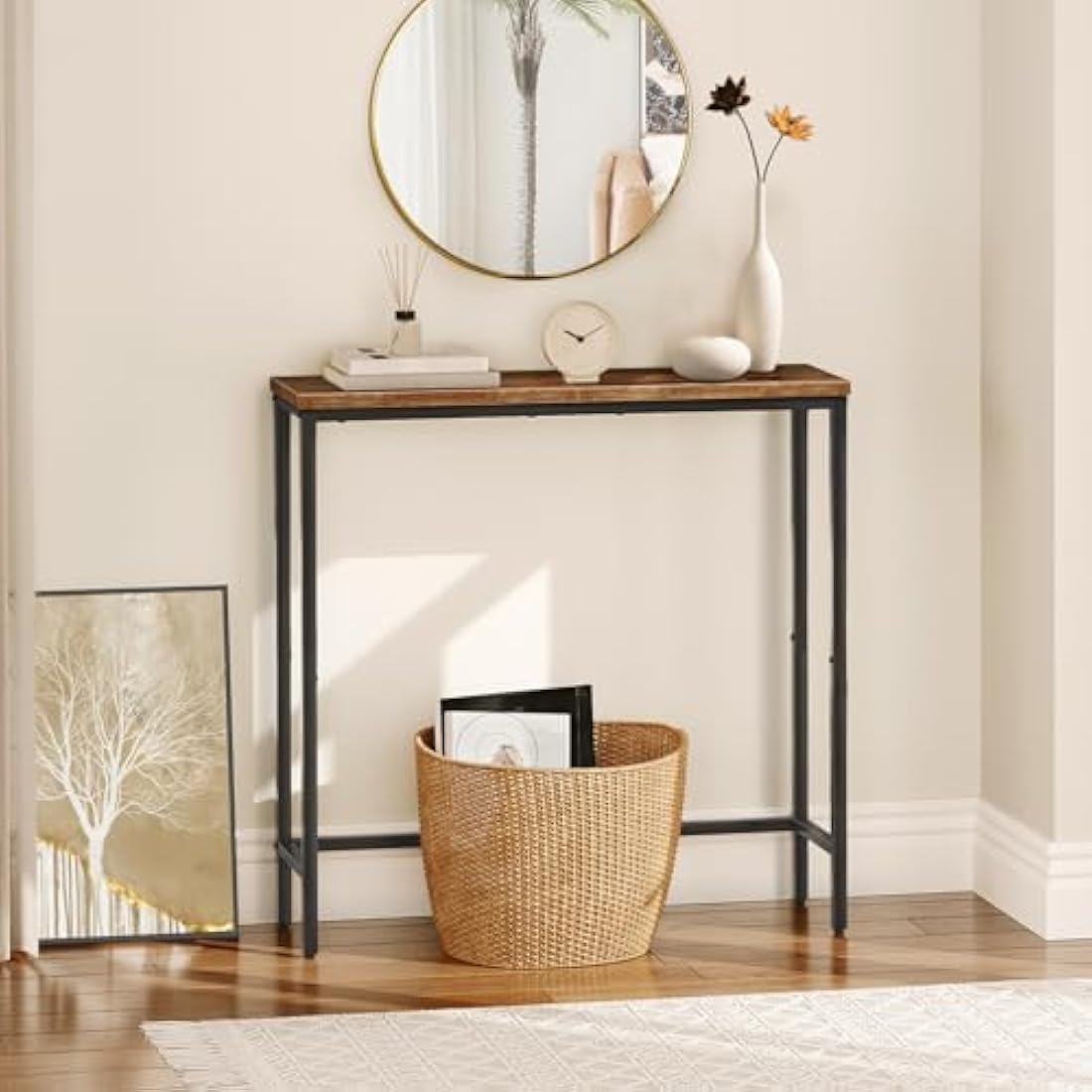 HOOBRO Slim Console Table – Rustic Brown Industrial Metal Sofa Table