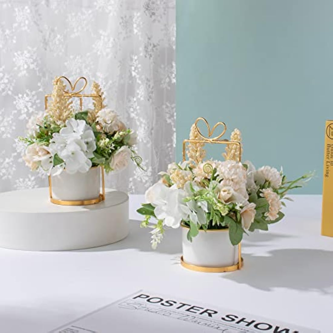 BEGONDIS Set of 2 LED Artificial White Flowers with Pots for Home Decor