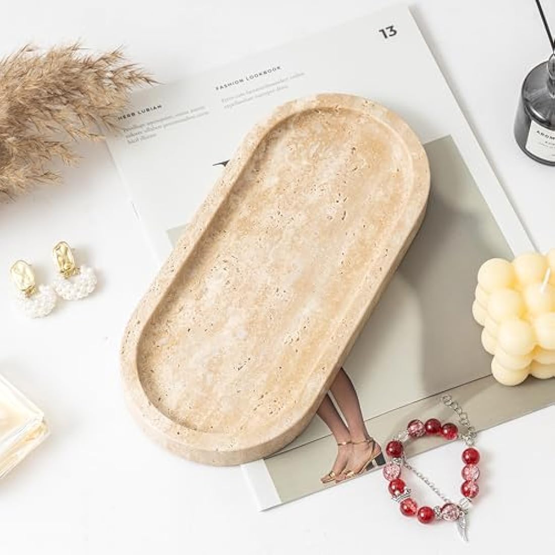 WORHE Natural Travertine Stone Tray – Oval Marble Vanity Organizer