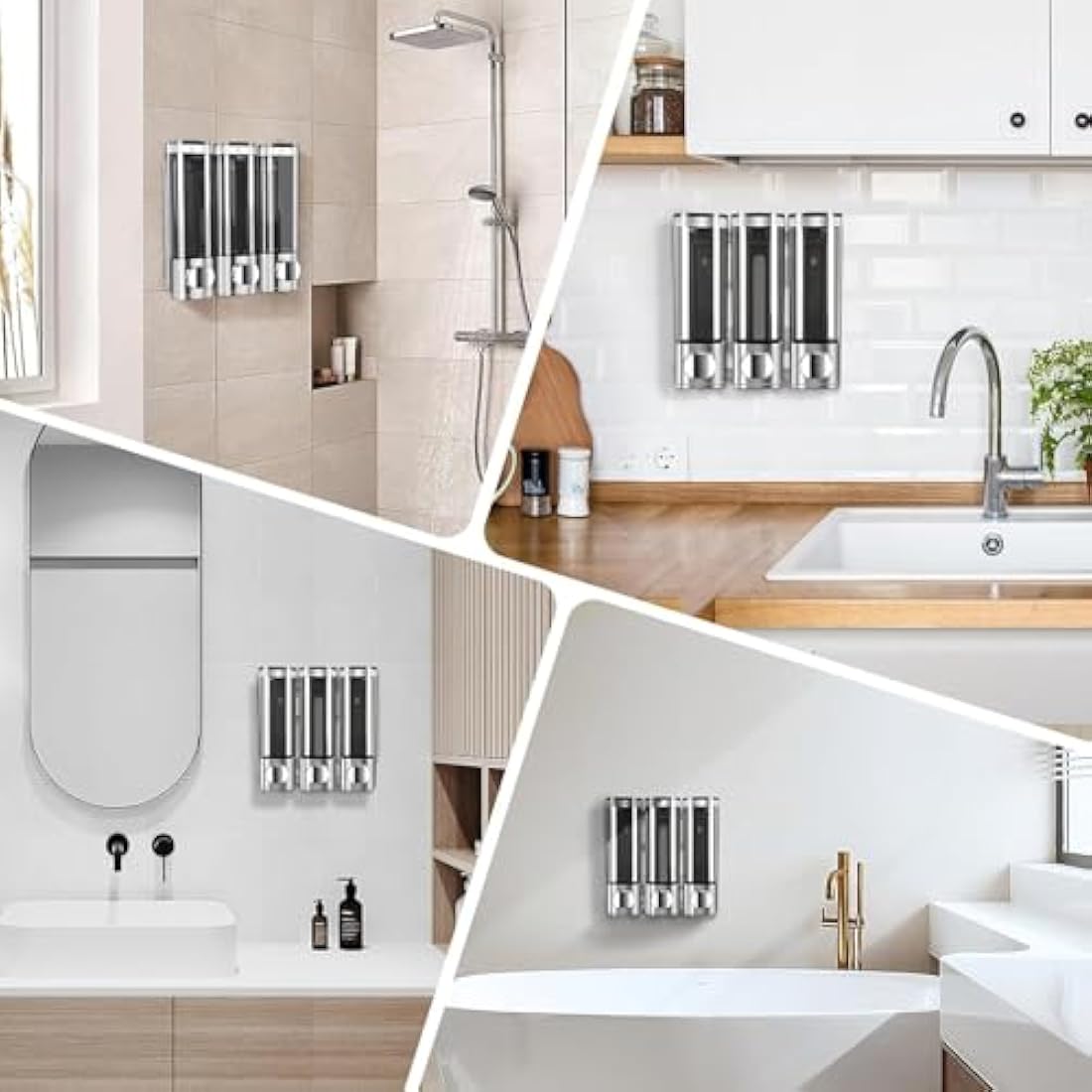 3-Chamber Wall Mount Soap Dispenser – No-Drill Silver ABS