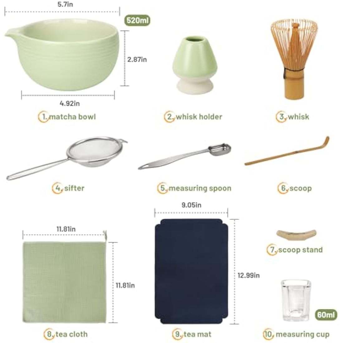 Joiish 10-Piece Matcha Tea Set with Spout Bowl and Bamboo Whisk – Light Green