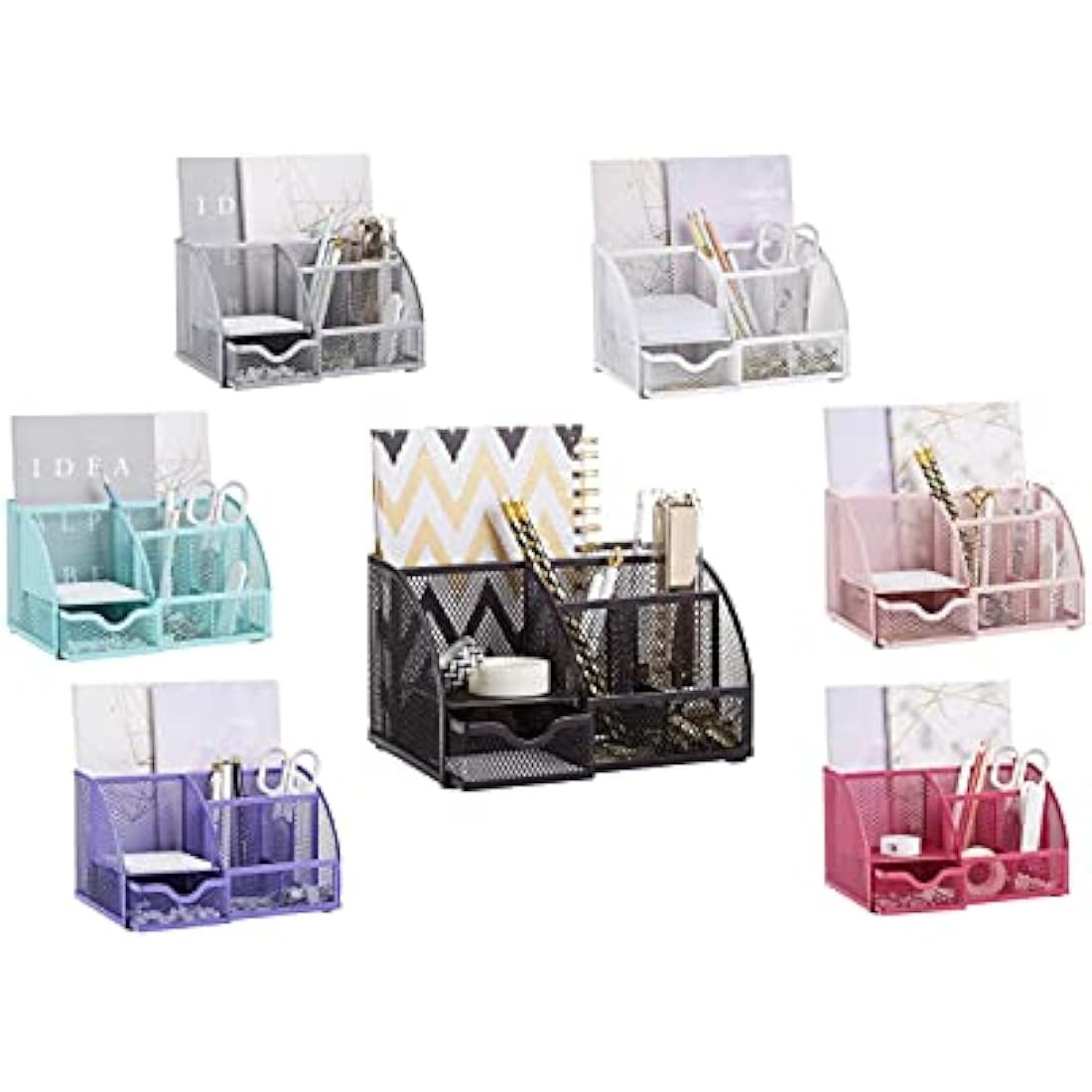 Exerz Mesh Desk Organiser – 7 Compartment Metal Office Caddy, Pink