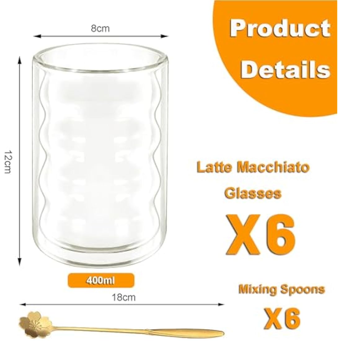 Twoant Double Walled Glass Coffee Mugs - 400ml Borosilicate Cups, 6 Pack