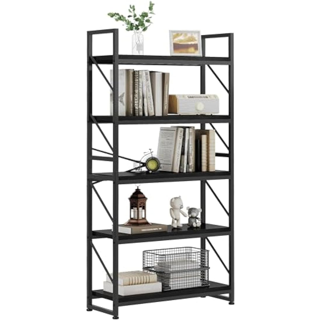 Jolof Store 5-Tier Industrial Bookcase – Rustic Wood and Metal Shelf