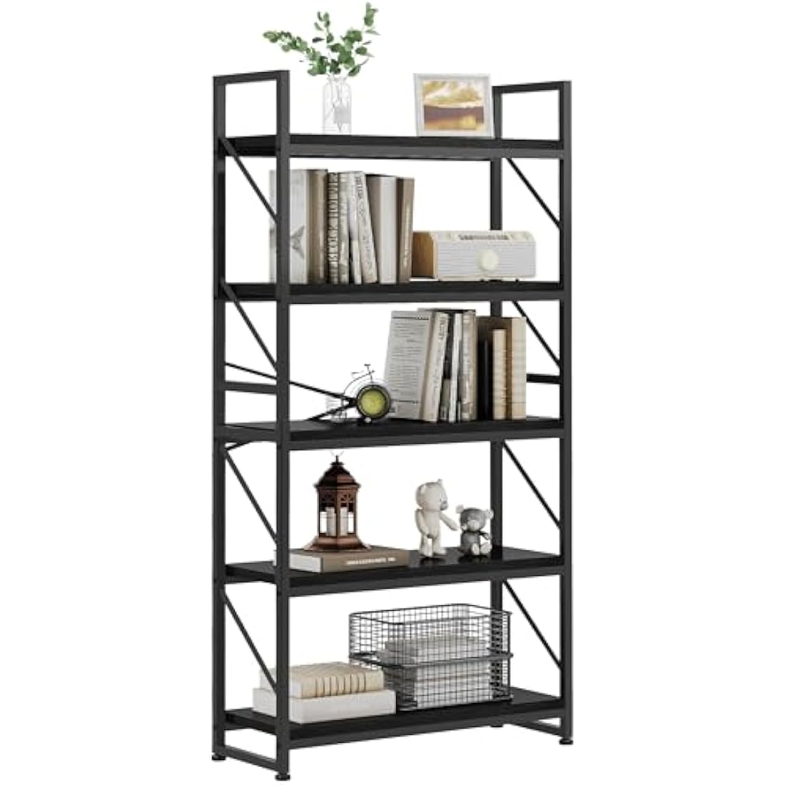 Jolof Store 5-Tier Industrial Bookcase – Rustic Wood and Metal Shelf