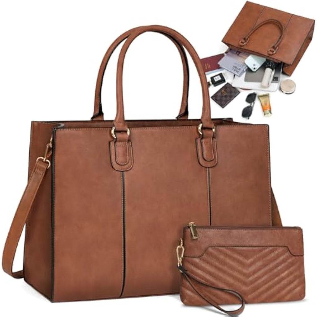 NEWHEY 15.6 Inch Laptop Bag for Women | PU Leather Work Tote with Clutch