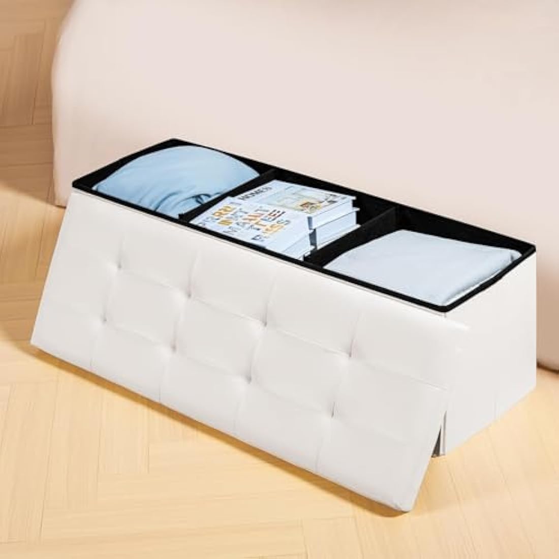 Bonlife Folding Storage Ottoman Bench | White Faux Leather Toy Box