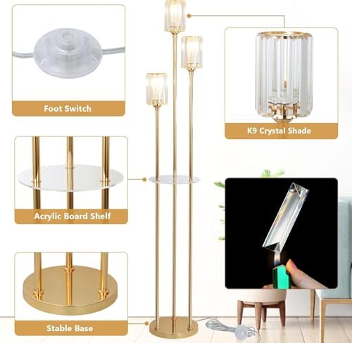 Rayofly Modern Gold Floor Lamp with Shelves | 3-Light Crystal Standing Lamp