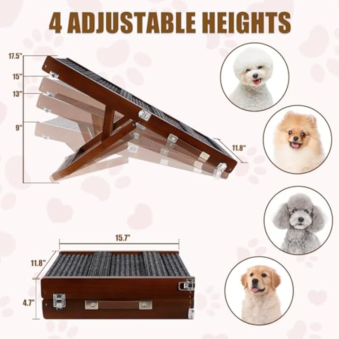 Umtiti Adjustable Wooden Pet Ramp – Foldable Non-Slip Dog Ramp for Beds